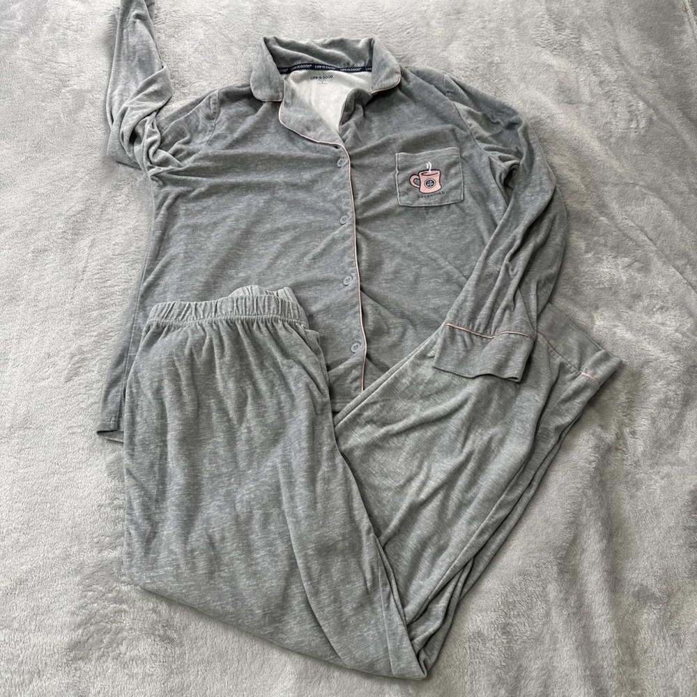 Life is Good Sleepwear Pajama Set Womens Large Gray Coffee Mug Long Sleeve Pants